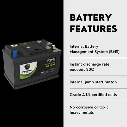 2022 Infiniti QX55 L4 2.0L Replacement Car Battery BCI Group 48 Lithium LiFePO4 Automotive Powertex Battery