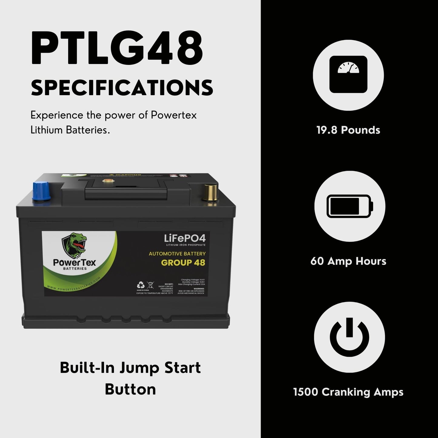 PowerTex 2012 Porsche Cayenne Car Battery BCI Group 48 / H6 Lithium LiFePO4 Replacement Automotive Battery - PTLG48-1666