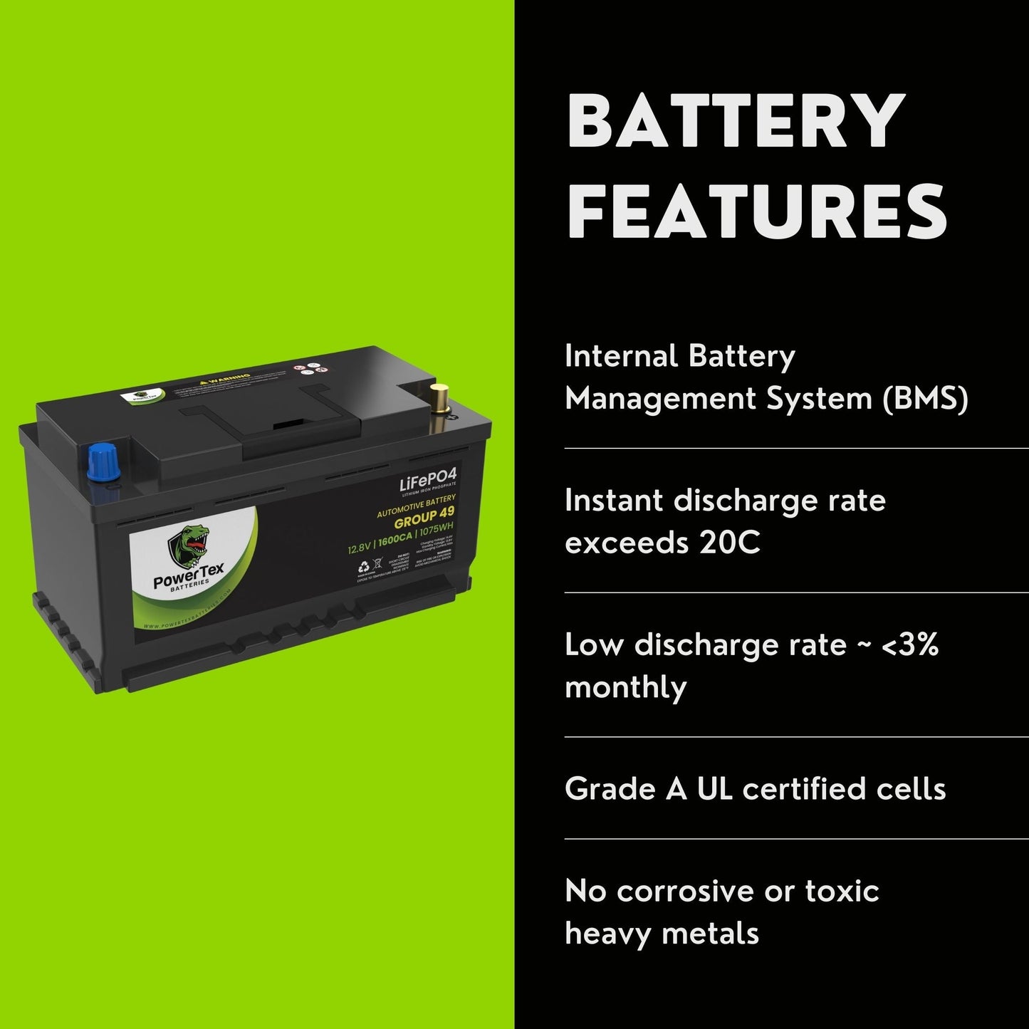PowerTex 2017 Aston Martin DB11 Car Batteries BCI Group 49 / H8 Lithium LiFePO4 Automotive Battery - PTLG49-4