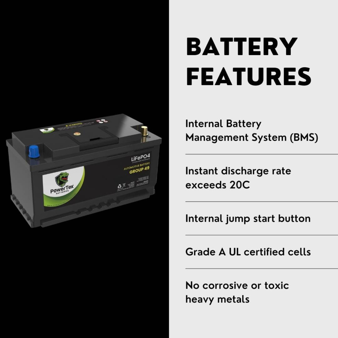 PowerTex 2024 Audi A4 L4 2.0LReplacement Car Battery BCI Group 49 Lithium LiFePO4 Automotive Powertex Battery - PTLG49-0238