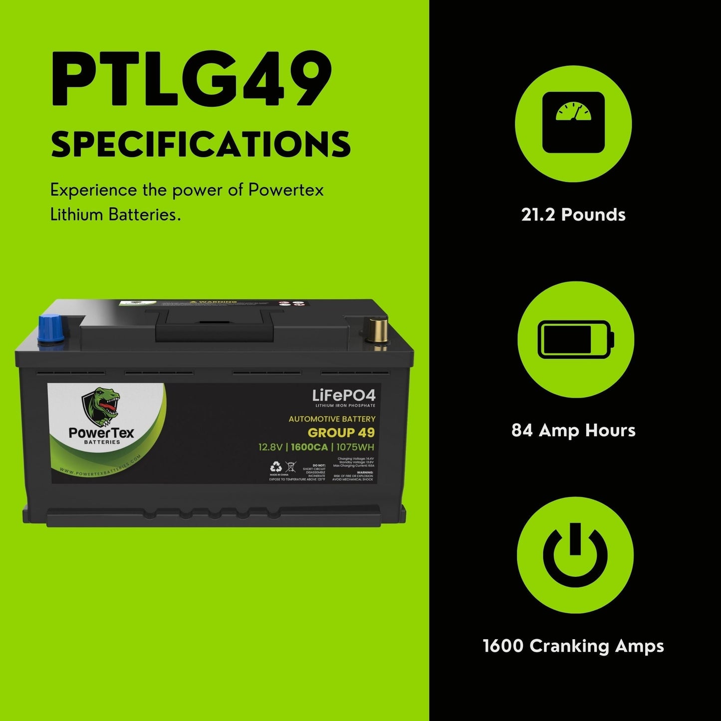 PowerTex 2012 Aston Martin V12 Vantage Car Batteries BCI Group 49 / H8 Lithium LiFePO4 Automotive Battery - PTLG49-29