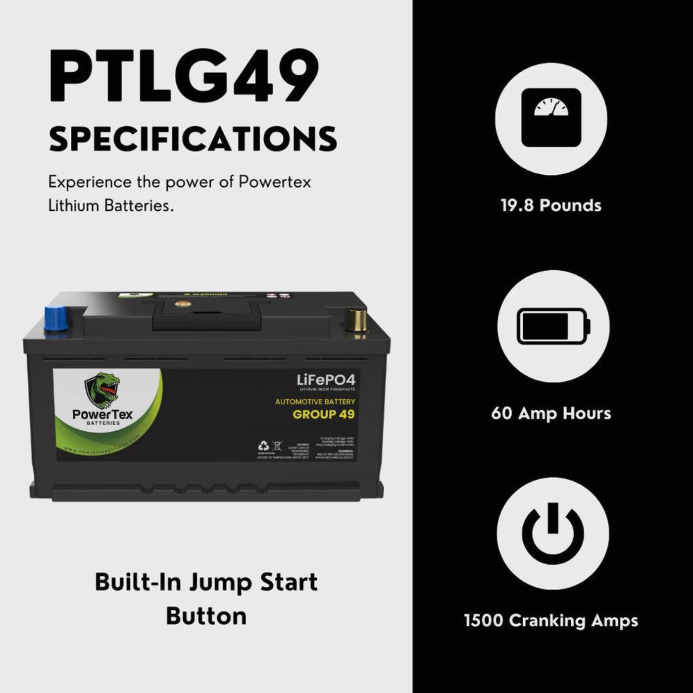 PowerTex 2021 Volkswagen Passat L4 2.0LReplacement Car Battery BCI Group 49 Lithium LiFePO4 Automotive Powertex Battery - PTLG49-06