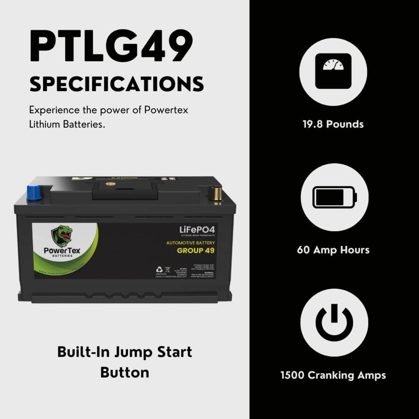 PowerTex 2022 Audi SQ5 V6 3.0LReplacement Car Battery BCI Group 49 Lithium LiFePO4 Automotive Powertex Battery - PTLG49-0212