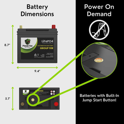 PowerTex 2009 Honda CR-V Car Battery BCI Group 51R Lithium LiFePO4 Replacement Automotive Battery - PTLG51R-78