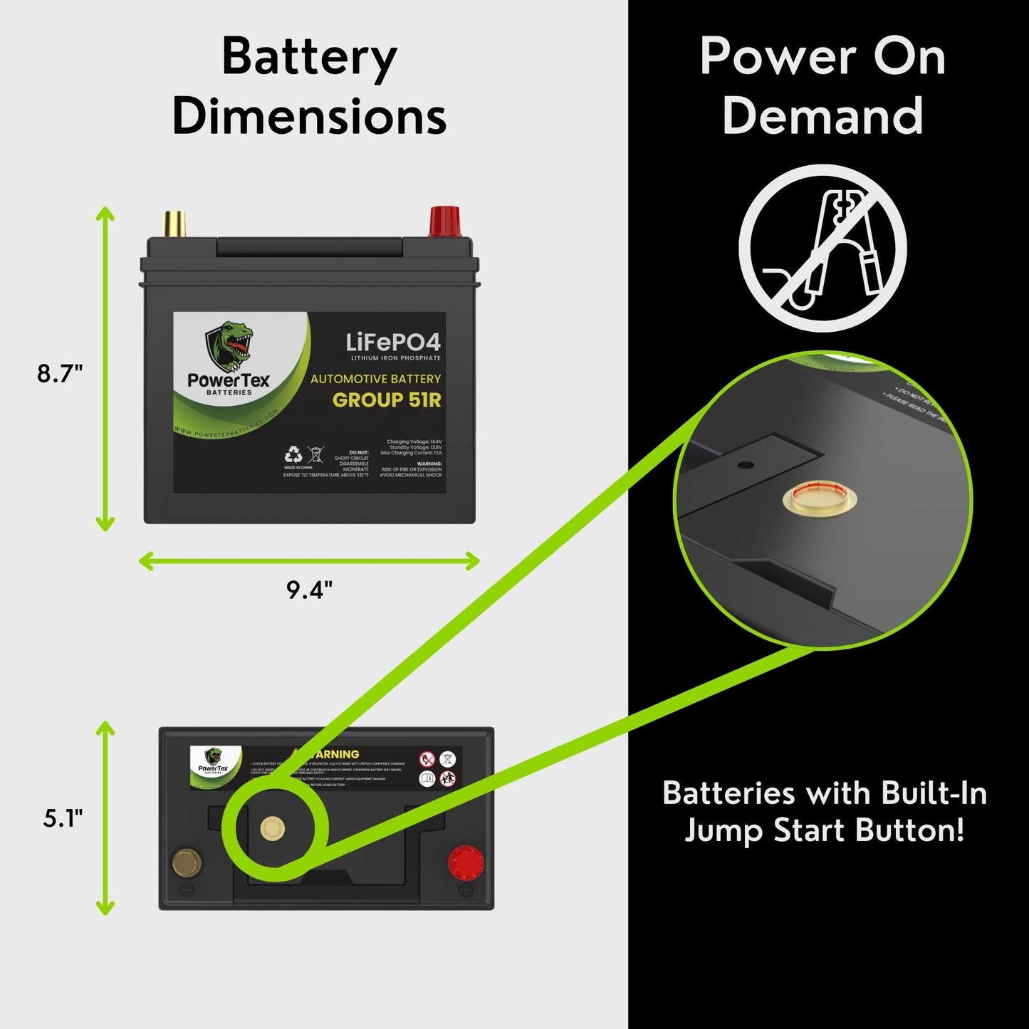 PowerTex 2018 Infiniti QX60 Car Battery BCI Group 51R Lithium LiFePO4 Replacement Automotive Battery - PTLG51R-102