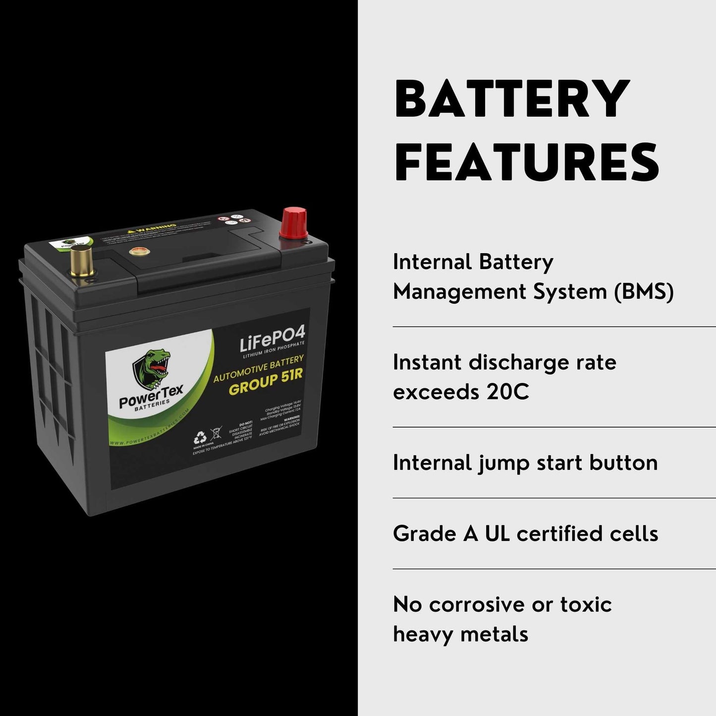 PowerTex 2021 Honda Clarity Car Battery BCI Group 51R Lithium LiFePO4 Replacement Automotive Battery - PTLG51R-31