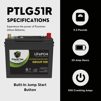 PowerTex 2021 Honda Clarity Car Battery BCI Group 51R Lithium LiFePO4 Replacement Automotive Battery - PTLG51R-31