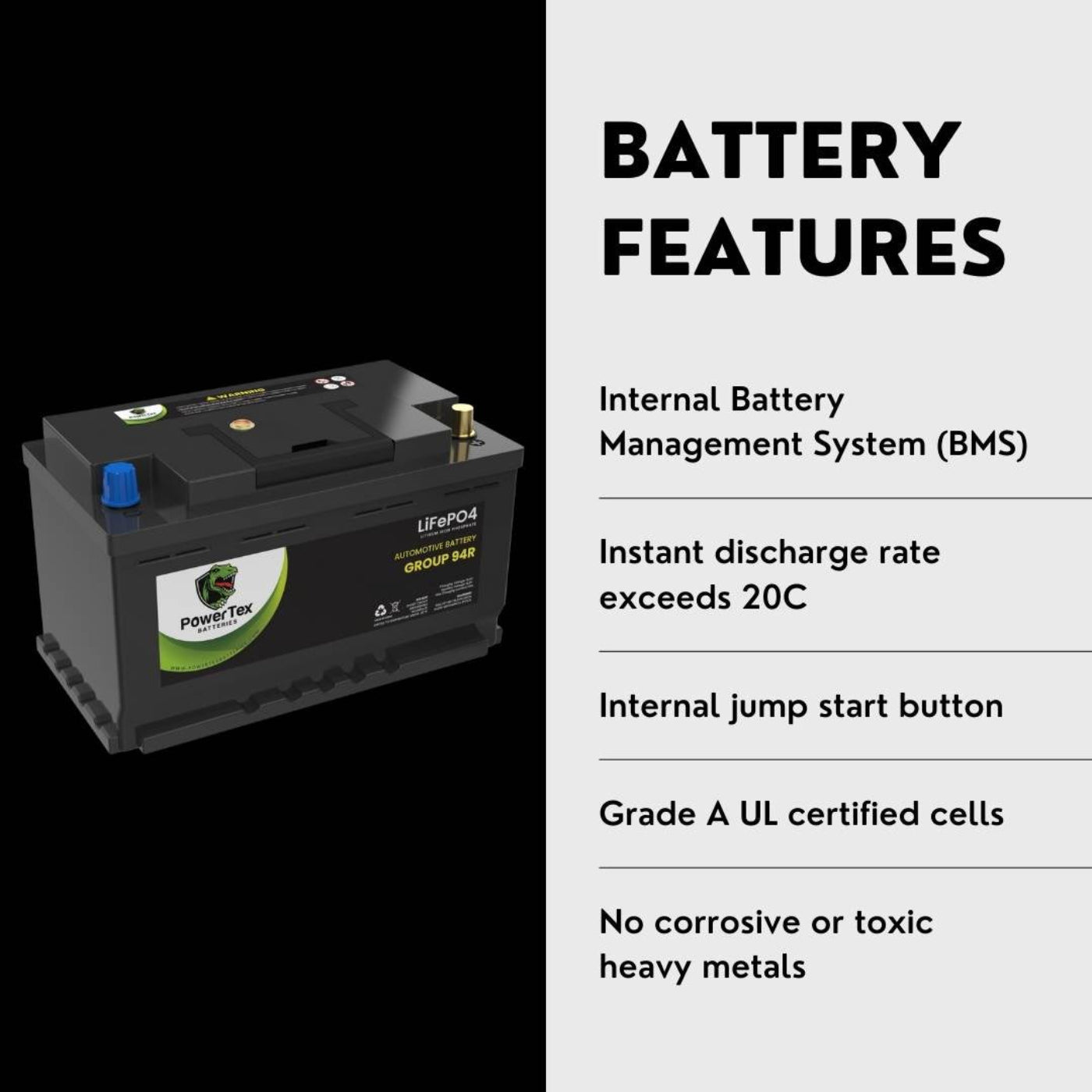 PowerTex 2005 Porsche Cayenne Car Battery BCI Group 94R / H7 Lithium LiFePO4 Automotive Battery - PTLG94R-1179