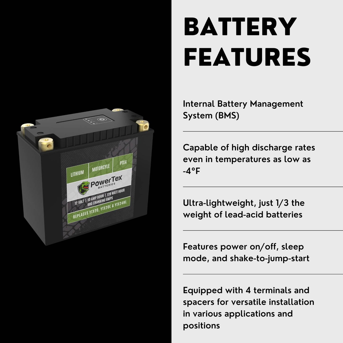 PowerTex Batteries YTX20-BS LiFePO4 Lithium Iron Phosphate Motorcycle Battery
