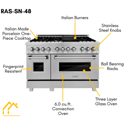 ZLINE 48 in. Professional Gas Burner/Electric Oven in DuraSnow® Stainless with 6.0 cu.ft. Oven, RAS-SN-48
