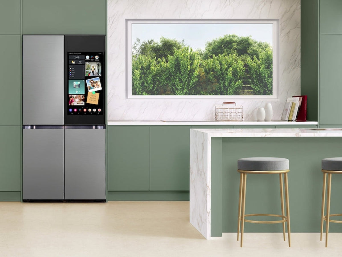 SAMSUNG Bespoke 36" 29 cu. ft. Standard Depth 4-Door Flex Refrigerator with AI Family Hub+ & AI Vision Inside in Stainless Steel - RF29DB9900QDAA