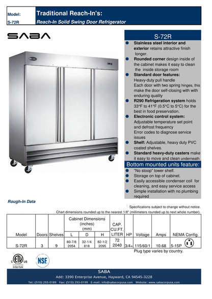 SABA   Three Door Commercial Reach-In Stainless Steel Cooler - S-72R