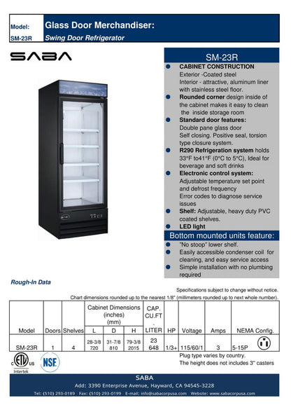 SABA  One Glass Door Commercial Merchandiser Cooler - SM-23R