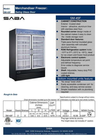 SABA Two Glass Door Commercial Merchandiser Freezer -  SM-45F