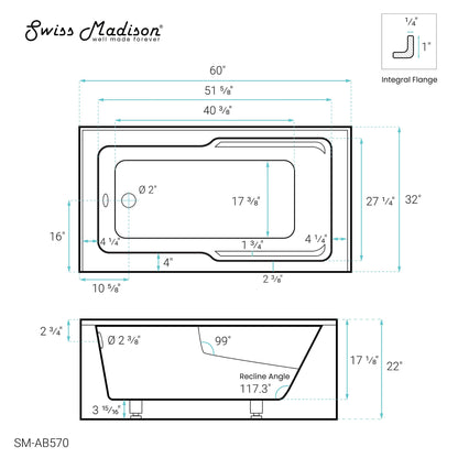 Swiss Madison Claire 60" x 32" Left-Hand Drain Drain Alcove Tub with Corner Apron - SM-AB570 - Backyard Provider