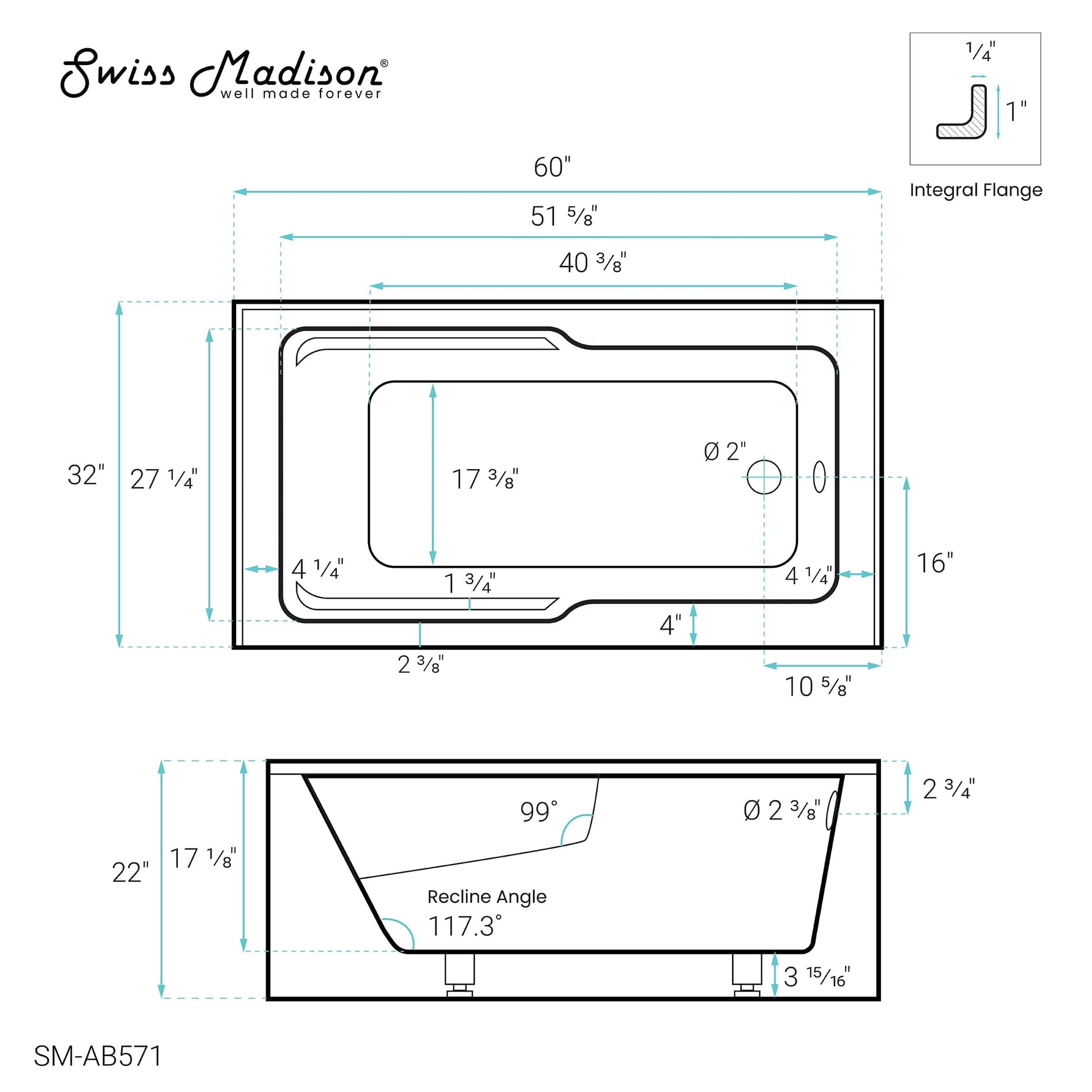 Swiss Madison Claire 60" x 32" Right-Hand Drain Drain Alcove Tub with Corner Apron - SM-AB571 - Backyard Provider