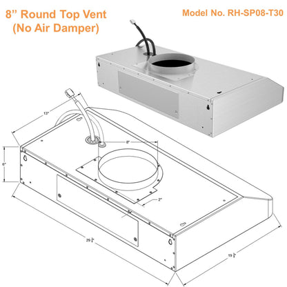 Awoco RH-SP08-T Super Quiet Split Stainless Steel Under Cabinet Range Hood, 4 Speeds, 8" Round Top Vent, 1000CFM, with LED Lights - RH-SP08-T30