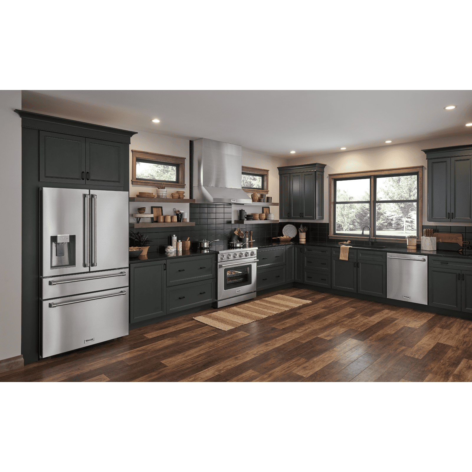 Thor Kitchen Appliance Package - 36 in. Electric Range, Range Hood, Microwave Drawer, Refrigerator with Water and Ice Dispenser, Dishwasher, AP-HRE3601-13