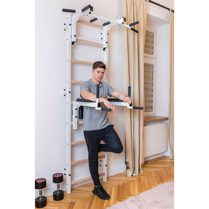 BenchK Swedish Ladder w/ Dip Bar & Rack - White