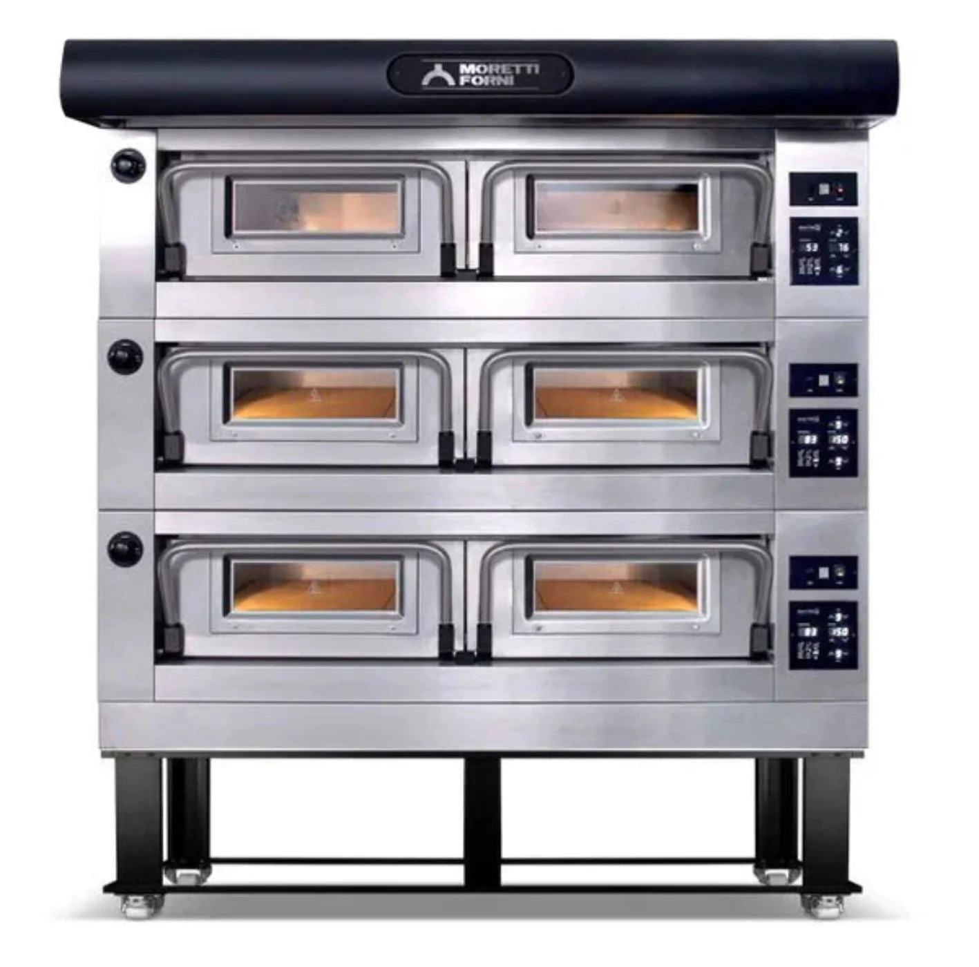 AMPTO Electric Pizza Oven P120 49'' x 52'' x 7'' (Chamber) 208/240/60/3 - 3 Decks with tray guide base - P120E C3