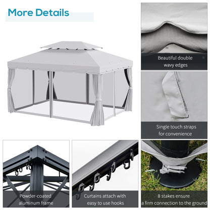 Outsunny 10' x 13' Patio Gazebo with Aluminum Frame, Double Roof, Netting & Light Gray Curtains - 84C-101