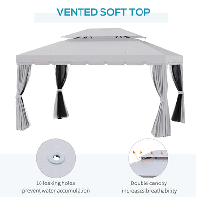 Outsunny 10' x 13' Patio Gazebo with Aluminum Frame, Double Roof, Netting & Light Gray Curtains - 84C-101