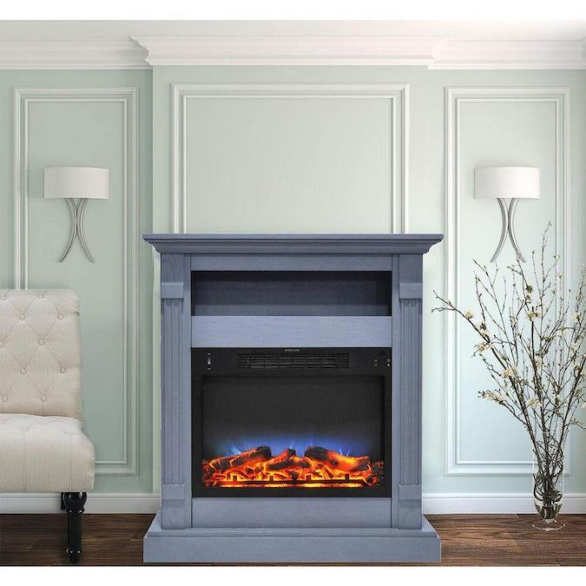 Cambridge Sienna 34-in Electric Fireplace Heater with Slate Blue Mantel, Enhanced Log Display, Multi-Color Flames, and Remote Control - CAM3437-1SBLLG3