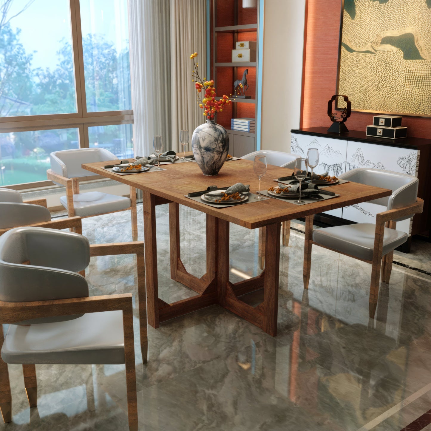 Char-Griller 62 Inch Rectangular Dining Table, Handcrafted Natural Mango Wood with Magnetic C - 1769834557480_284