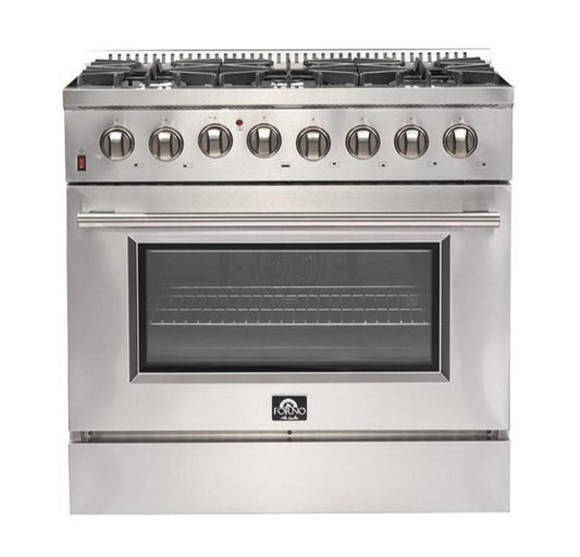 Forno 4-Piece Appliance Package - 36-Inch Dual Fuel Range, Refrigerator, 24-Inch Microwave Drawer, & 3-Rack Dishwasher in Stainless Steel - AP4-6156-36-MWD