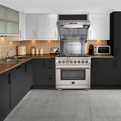 Forno 4-Piece Appliance Package - 36-Inch Dual Fuel Range, Refrigerator, Wall Mount Hood with Backsplash, & 3-Rack Dishwasher in Stainless Steel - AP4-6156-36