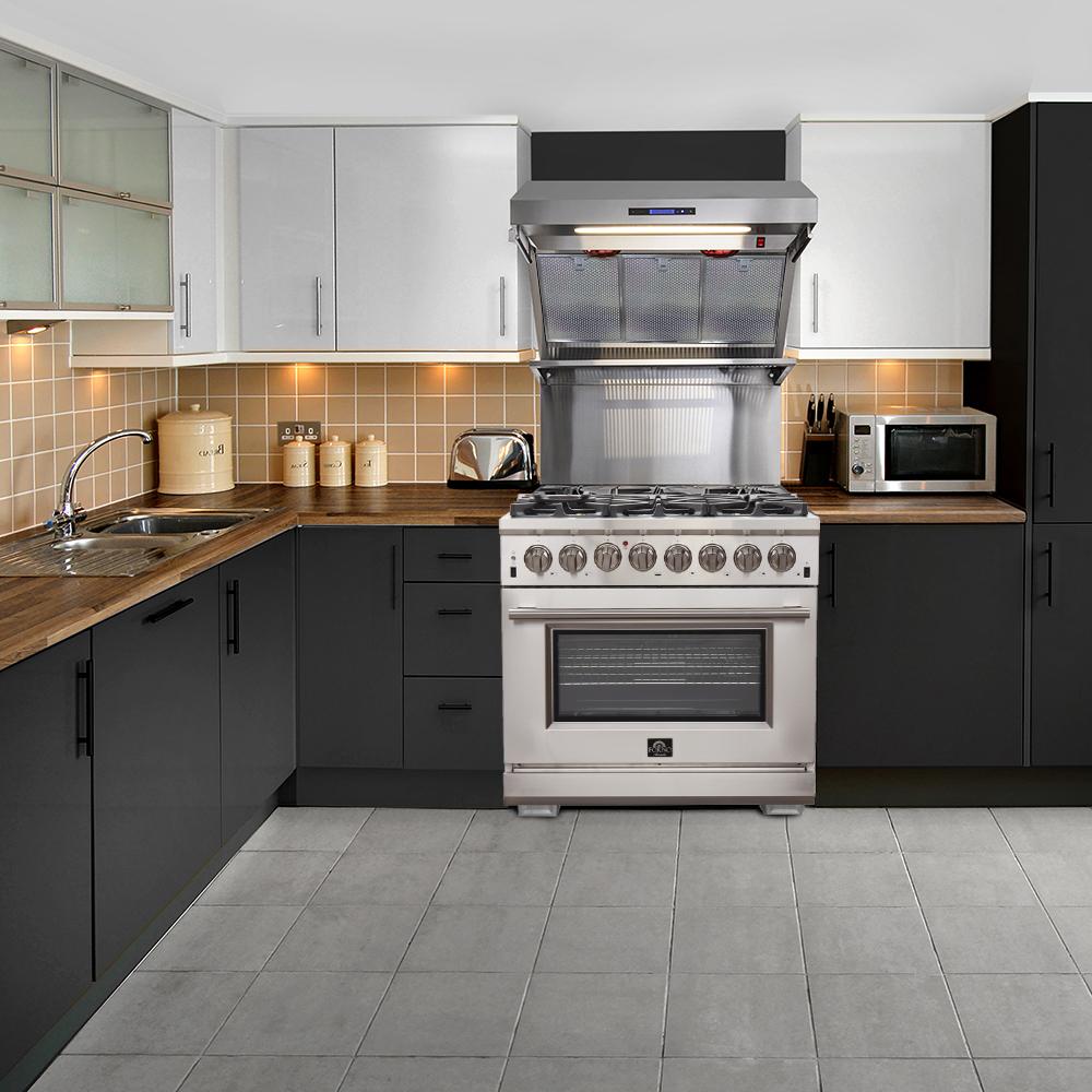 Forno 4-Piece Pro Appliance Package - 36-Inch Dual Fuel Range, French Door Refrigerator, Wall Mount Hood with Backsplash, and Dishwasher in Stainless Steel - AP4-6187-36