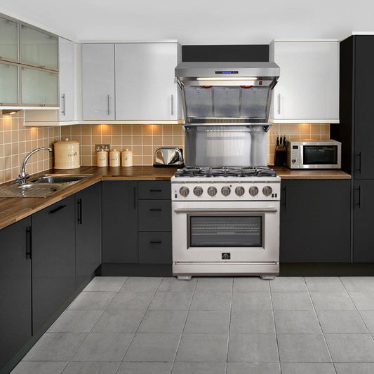 Forno 4-Piece Pro Appliance Package - 36-Inch Gas Range, Wall Mount Hood with Backsplash, 36-Inch French Door Refrigerator, and Dishwasher in Stainless Steel - AP4-6260-36