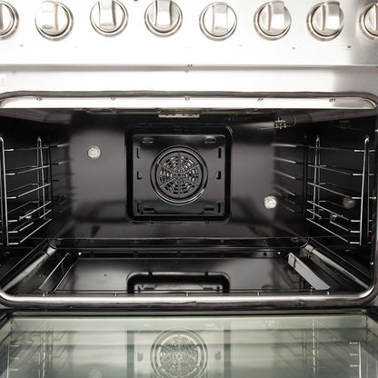 Forno 5-Piece Appliance Package - 36-Inch Dual Fuel Range, Refrigerator, Wall Mount Hood with Backsplash, 24-Inch Microwave Drawer, & 3-Rack Dishwasher in Stainless Steel - AP5-6156-36-MWD