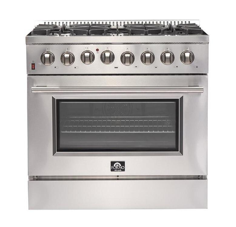 Forno 5-Piece Appliance Package - 36-Inch Dual Fuel Range, Refrigerator, Wall Mount Hood with Backsplash, 24-Inch Microwave Drawer, & 3-Rack Dishwasher in Stainless Steel - AP5-6156-36-MWD