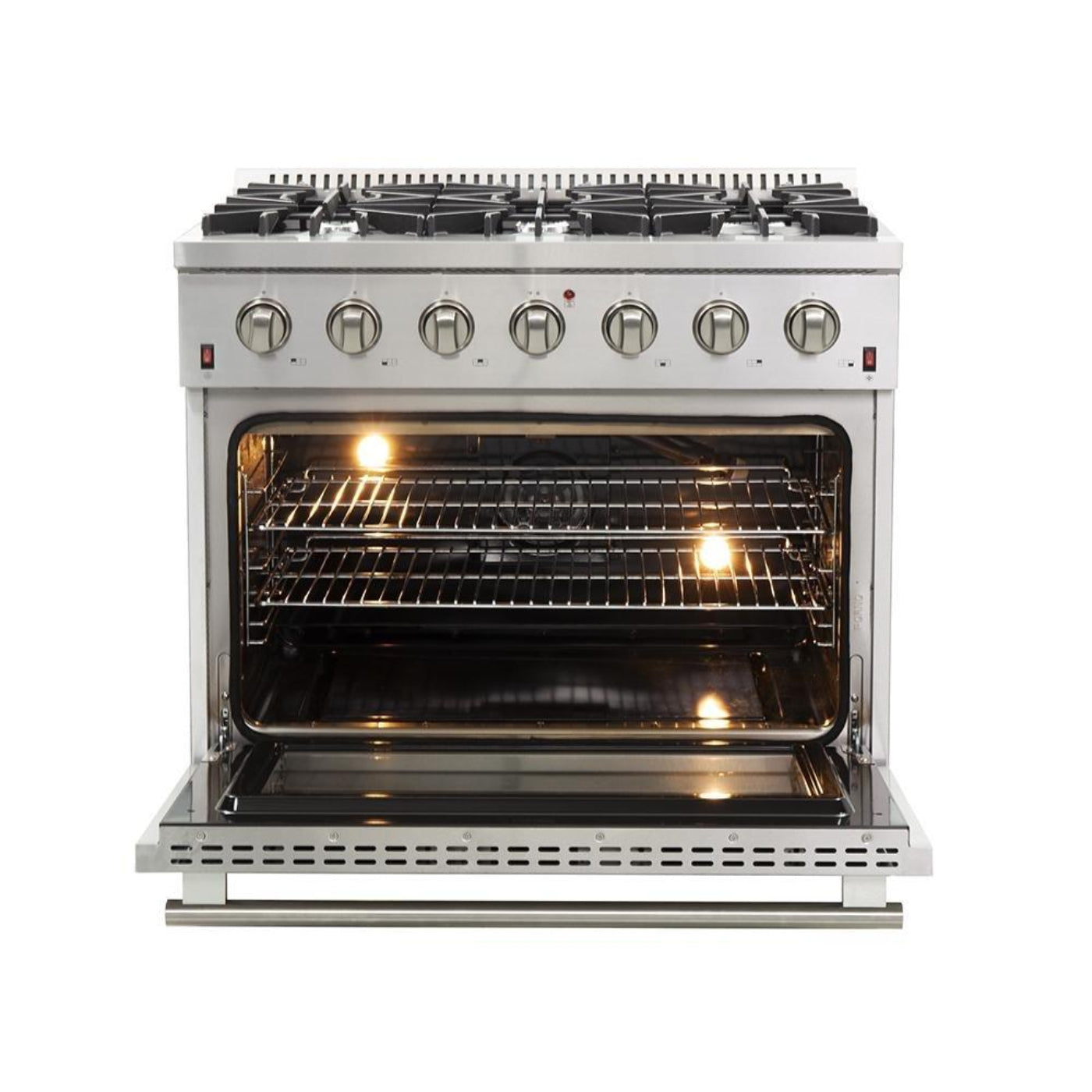Forno 3-Piece Appliance Package - 36-Inch Gas Range, Refrigerator with Water Dispenser, & Wall Mount Hood in Stainless Steel - APW3-6244-36-H