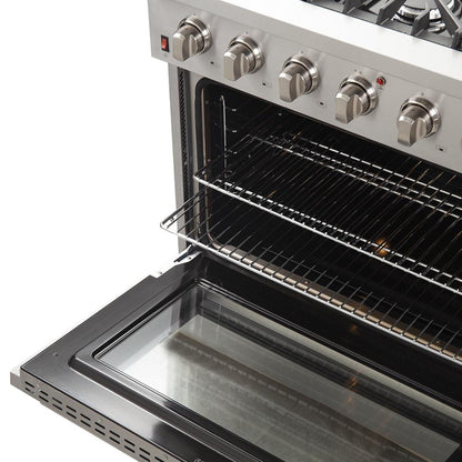 Forno 3-Piece Appliance Package - 36-Inch Gas Range, Refrigerator with Water Dispenser, & Wall Mount Hood in Stainless Steel - APW3-6244-36-H