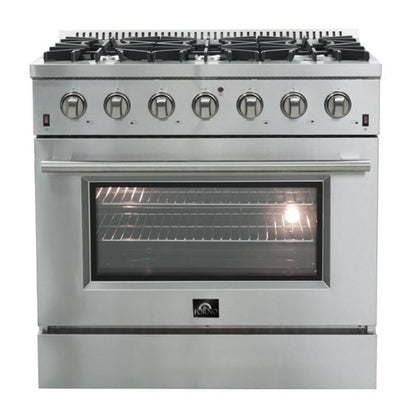 Forno 4-Piece Appliance Package - 36-Inch Gas Range, Refrigerator, Wall Mount Hood, & 3-Rack Dishwasher in Stainless Steel - APR4-6244-36-H