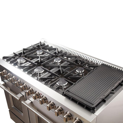 Forno 5-Piece Appliance Package - 48-Inch Dual Fuel Range, Refrigerator, Wall Mount Hood with Backsplash, 24-Inch Microwave Drawer, & 3-Rack Dishwasher in Stainless Steel - AP5-6156-48-MWD