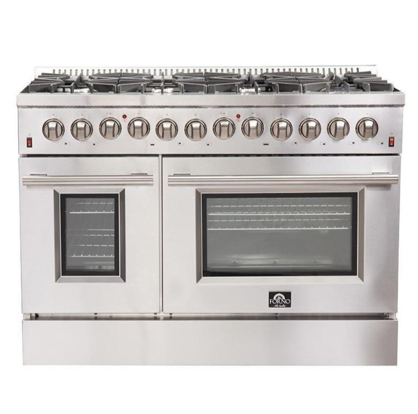 Forno 5-Piece Appliance Package - 48-Inch Dual Fuel Range, Refrigerator, Wall Mount Hood with Backsplash, 24-Inch Microwave Drawer, & 3-Rack Dishwasher in Stainless Steel - AP5-6156-48-MWD