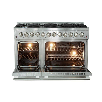 Forno 5-Piece Appliance Package - 48-Inch Dual Fuel Range, Refrigerator, Wall Mount Hood with Backsplash, 24-Inch Microwave Drawer, & 3-Rack Dishwasher in Stainless Steel - AP5-6156-48-MWD