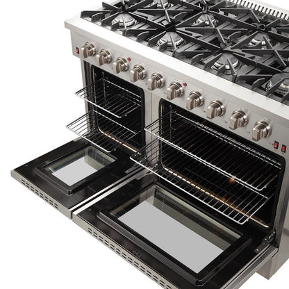 Forno 4-Piece Appliance Package - 48-Inch Gas Range, Refrigerator with Water Dispenser, Wall Mount Hood, & 3-Rack Dishwasher in Stainless Steel - APW4-6244-48-H