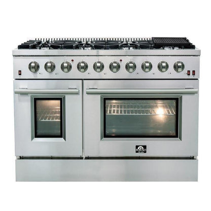 Forno 4-Piece Appliance Package - 48-Inch Gas Range, 60-Inch Pro-Style Refrigerator, Wall Mount Hood, & 3-Rack Dishwasher in Stainless Steel - APD4-6244-48-H