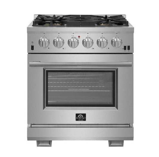 Forno 4-Piece Pro Appliance Package - 30-Inch Gas Range, 36-Inch Refrigerator Wall Mount Hood, & 3-Rack Dishwasher in Stainless Steel - APR4-6260-30-H