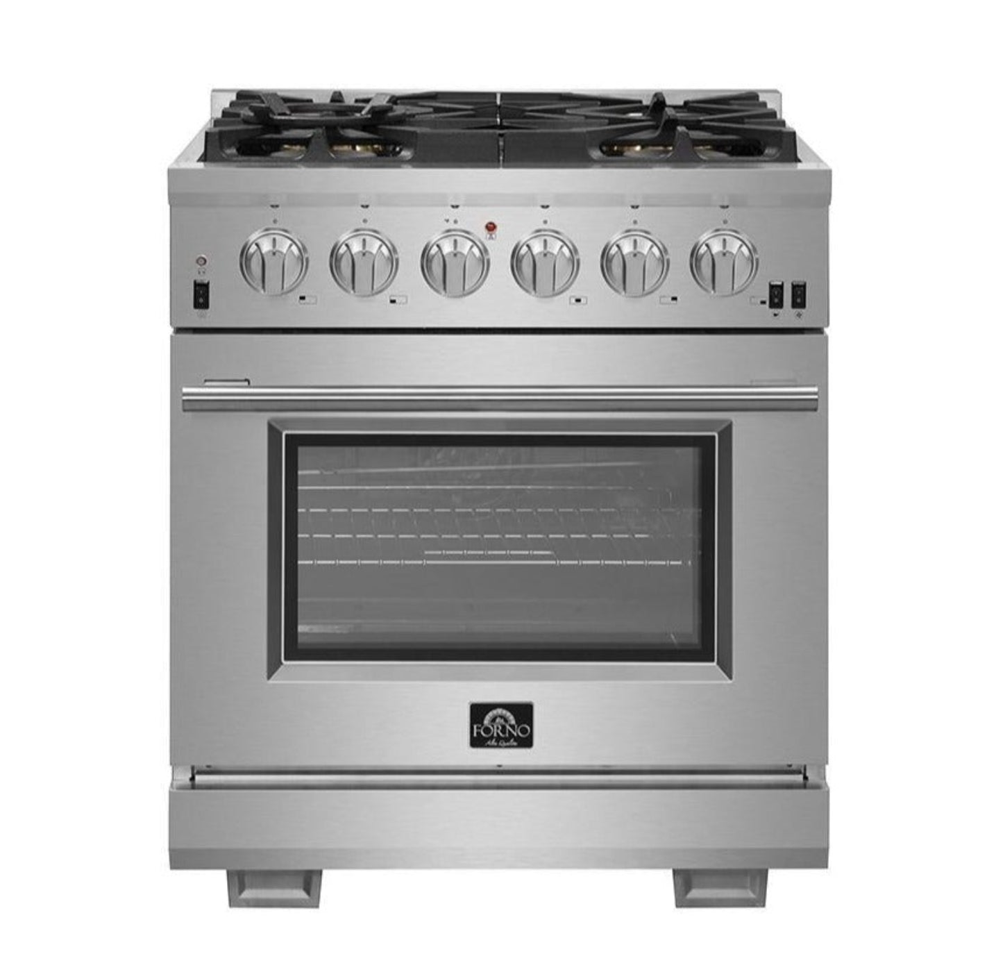 Forno 5-Piece Pro Appliance Package - 30-Inch Gas Range, 36-Inch Refrigerator Wall Mount Hood with Backsplash, 24-Inch Microwave Oven, & 3-Rack Dishwasher in Stainless Steel - AP5-6260-30-MWO