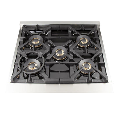 Forno 5-Piece Pro Appliance Package - 30-Inch Gas Range, 36-Inch Refrigerator Wall Mount Hood with Backsplash, 24-Inch Microwave Oven, & 3-Rack Dishwasher in Stainless Steel - AP5-6260-30-MWO