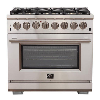Forno 5-Piece Pro Appliance Package - 36" Dual Fuel Range, 36" Refrigerator, Wall Mount Hood with Backsplash, 24-Inch Microwave Drawer, and Dishwasher in Stainless Steel - AP5-6187-36-MWD