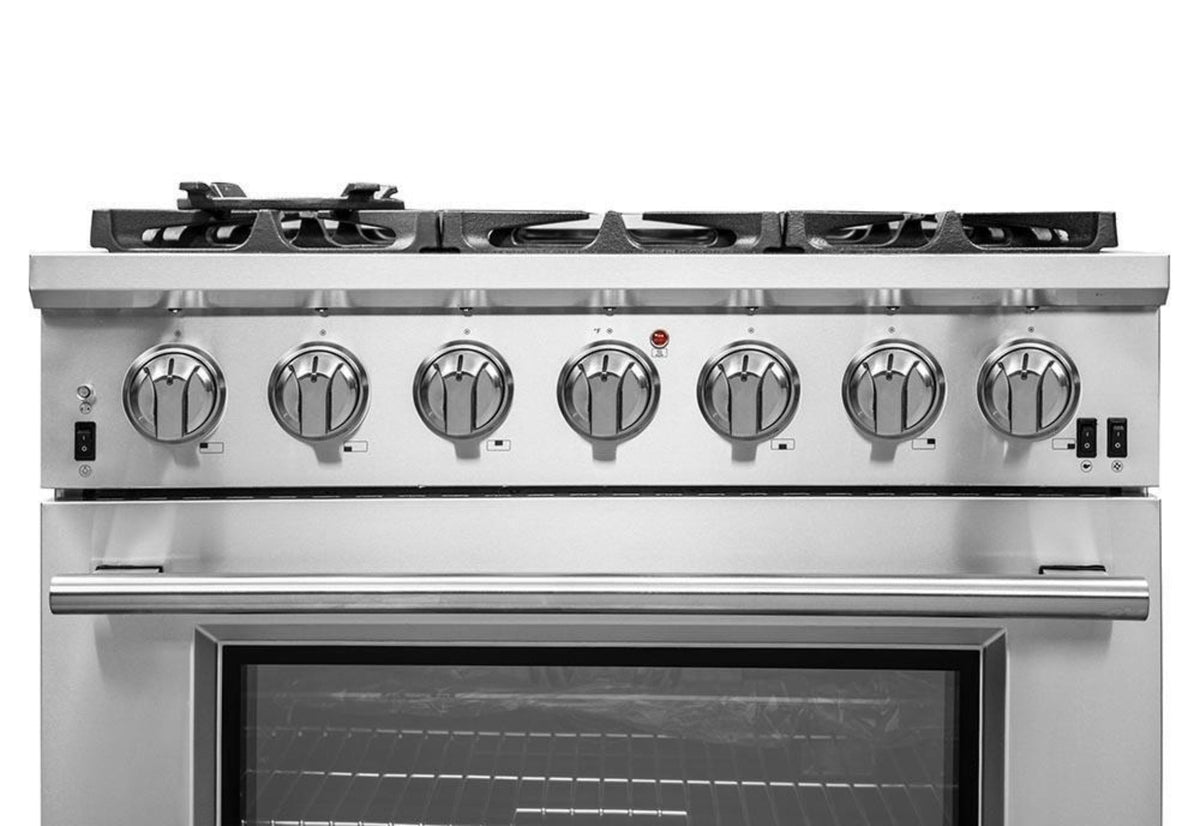 Forno 5-Piece Pro Appliance Package - 36-Inch Gas Range, Refrigerator, Wall Mount Hood with Backsplash, 24-Inch Microwave Oven, & 3-Rack Dishwasher in Stainless Steel - AP5-6260-36-MWO