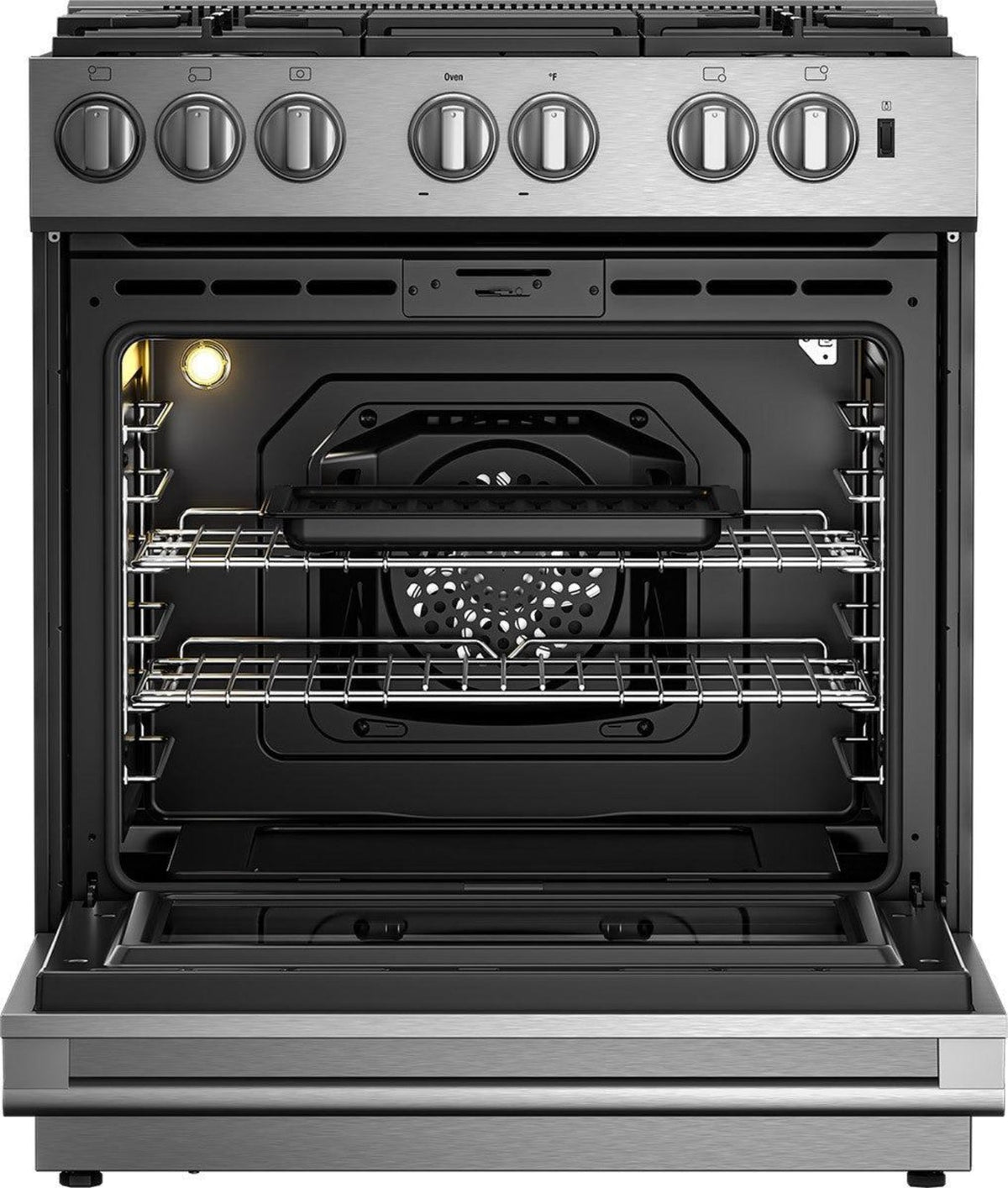 BLOMBERG APPLIANCES BDF30522SS 30in Dual Fuel 5 burner range with 5.7 cu ft self clean oven, slide-in style in Stainless Steel - BDF30522SS