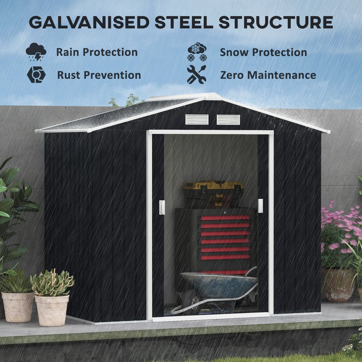 Outsunny EverBase 7' x 4' Outdoor Storage Shed with Foundation Kit, Double Lockable Door & Air Vents, Dark Gray - 845-030CG