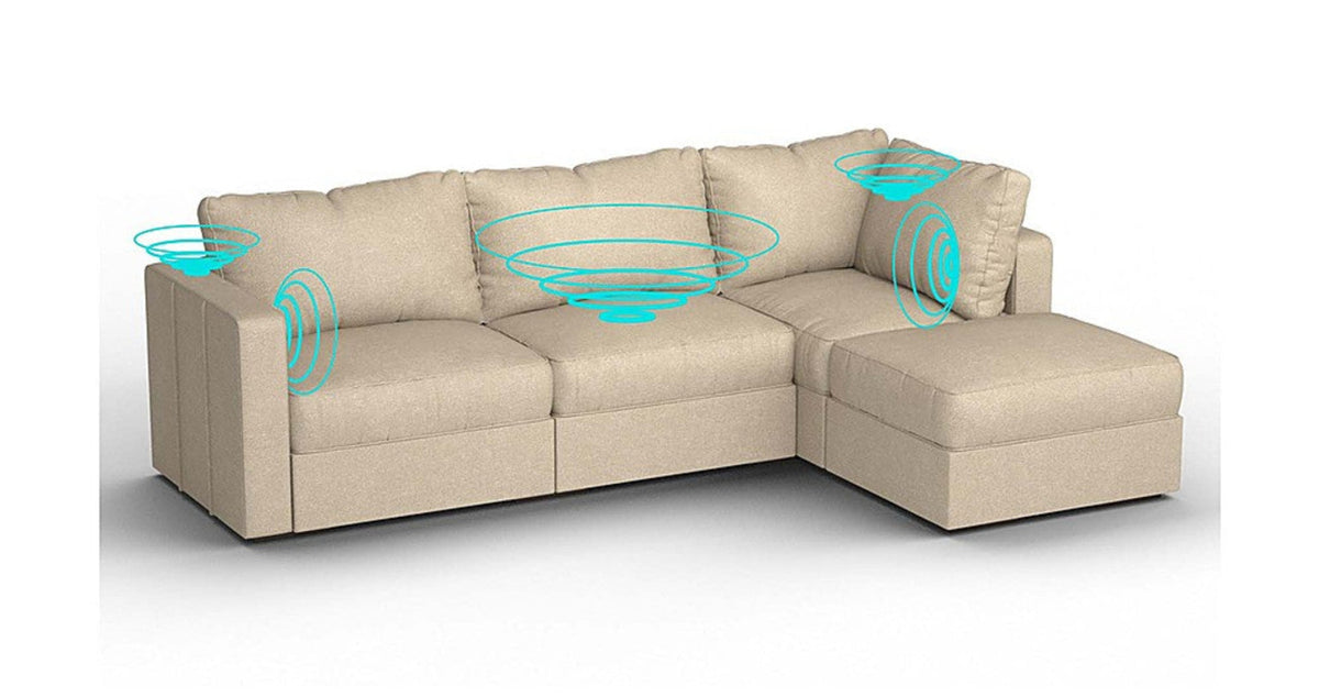 Lovesac – 4 Seats + 5 Sides Combed Chenille &amp; Standard Foam with 6 Speaker Immersive Sound + Charge System – Tan - 1772866322613_48